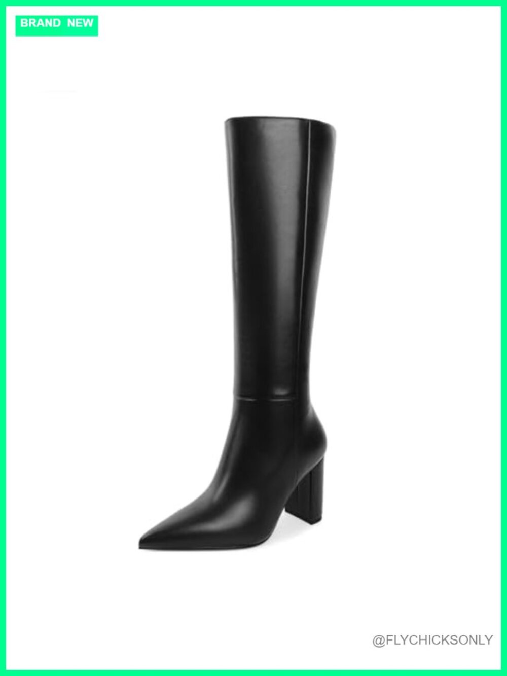 Women's Pointed Toe Knee High Boots Zip Up Chunky Block Heel Faux Leather